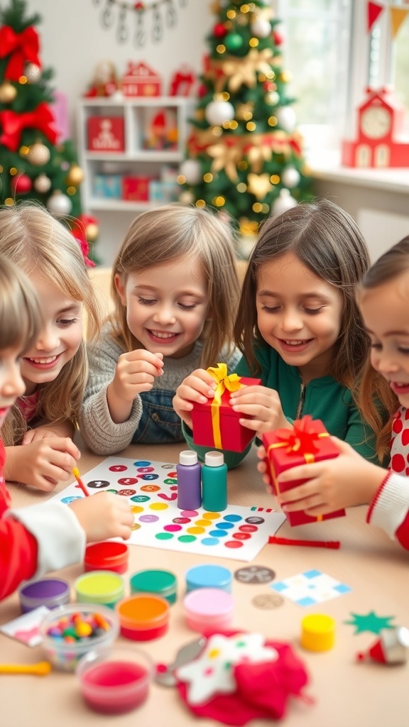 Preschoolers crafting homemade Christmas gifts with paint and decorations.